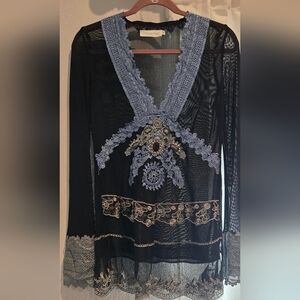 Elegant Black Blouse with Blue and Gold Lace
